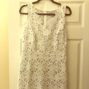 White lace Loft dress with light blue underlay